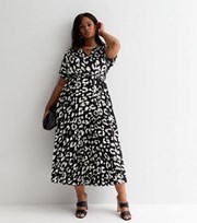New Look Curves Black Animal Print Satin Pleated Midi Wrap Dress